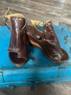 Bed Stu Brown Leather Studded Wedge Sandals